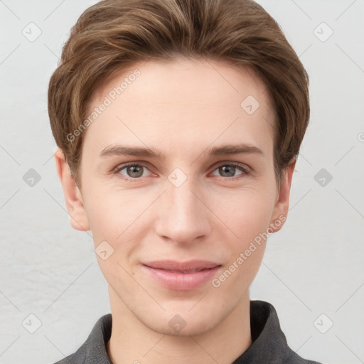 Joyful white young-adult female with short  brown hair and grey eyes