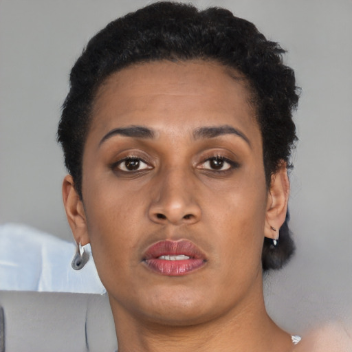 Neutral black young-adult female with short  brown hair and brown eyes