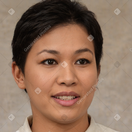 Joyful asian young-adult female with short  brown hair and brown eyes