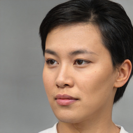 Neutral asian young-adult female with short  black hair and brown eyes