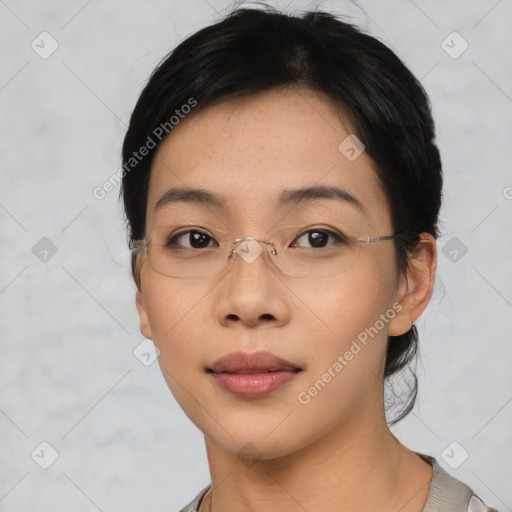 Neutral asian young-adult female with short  black hair and brown eyes