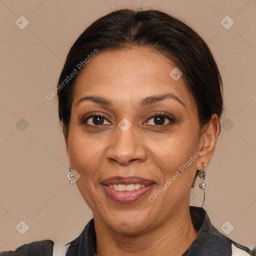 Joyful white adult female with medium  brown hair and brown eyes