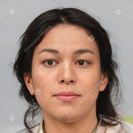 Neutral asian young-adult female with medium  brown hair and brown eyes