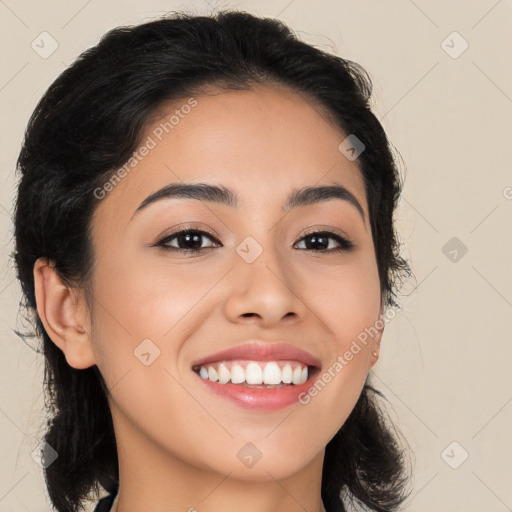 Joyful asian young-adult female with long  black hair and brown eyes