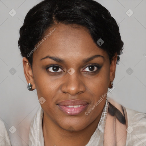 Joyful latino young-adult female with short  brown hair and brown eyes