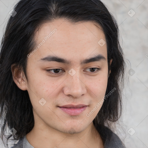 Joyful asian young-adult male with medium  brown hair and brown eyes