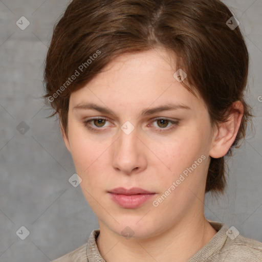 Neutral white young-adult female with medium  brown hair and grey eyes