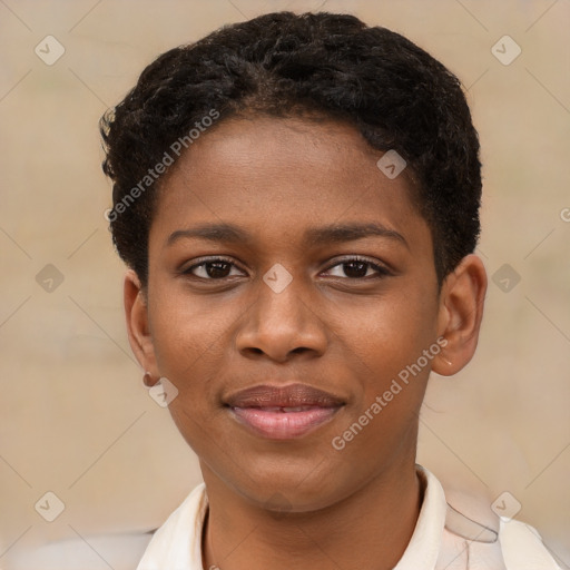 Joyful black young-adult female with short  brown hair and brown eyes