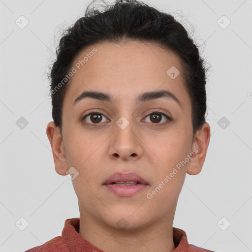 Neutral white young-adult female with short  brown hair and brown eyes