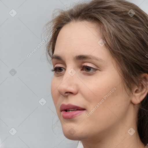 Neutral white young-adult female with medium  brown hair and brown eyes