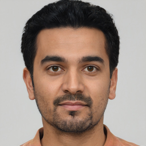 Neutral latino young-adult male with short  black hair and brown eyes