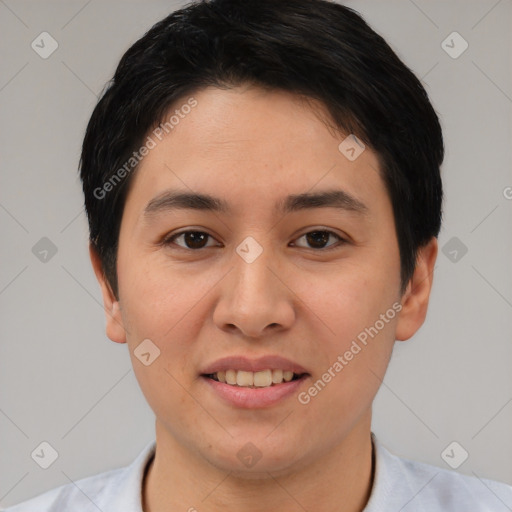 Joyful white young-adult female with short  black hair and brown eyes