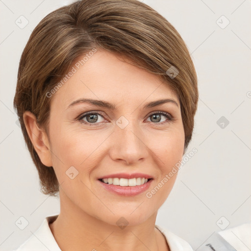 Joyful white young-adult female with medium  brown hair and grey eyes