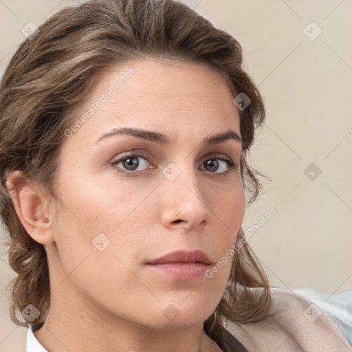 Neutral white young-adult female with medium  brown hair and grey eyes