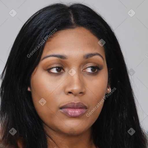 Joyful asian young-adult female with long  black hair and brown eyes