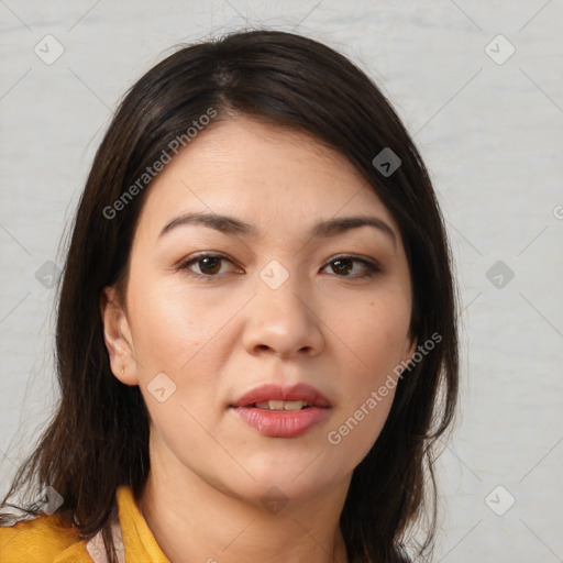 Neutral white young-adult female with medium  brown hair and brown eyes