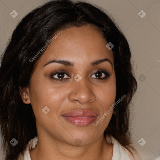 Joyful black young-adult female with medium  brown hair and brown eyes