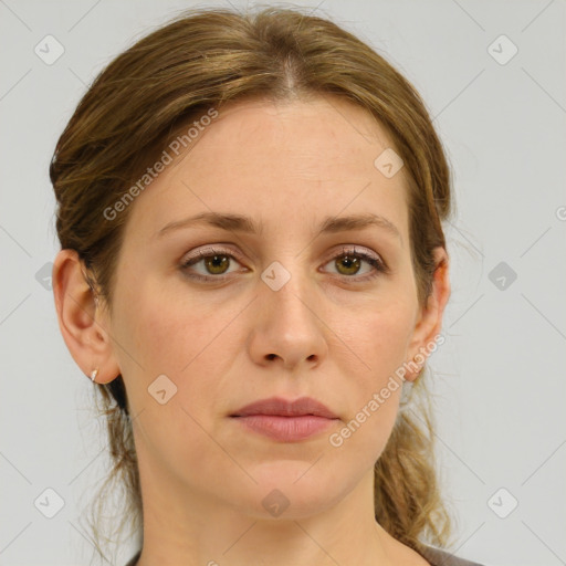 Joyful white young-adult female with medium  brown hair and green eyes