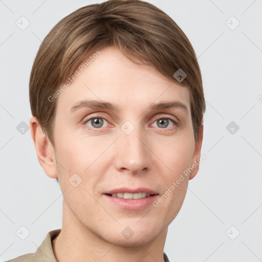 Joyful white young-adult female with short  brown hair and grey eyes