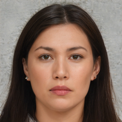 Neutral asian young-adult female with long  brown hair and brown eyes