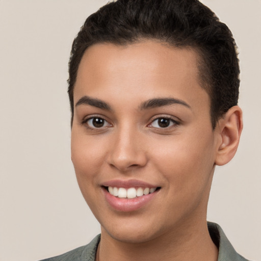 Joyful white young-adult female with short  brown hair and brown eyes