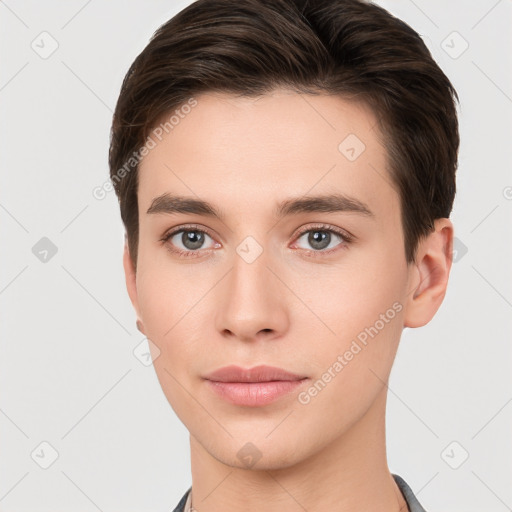 Neutral white young-adult male with short  brown hair and brown eyes