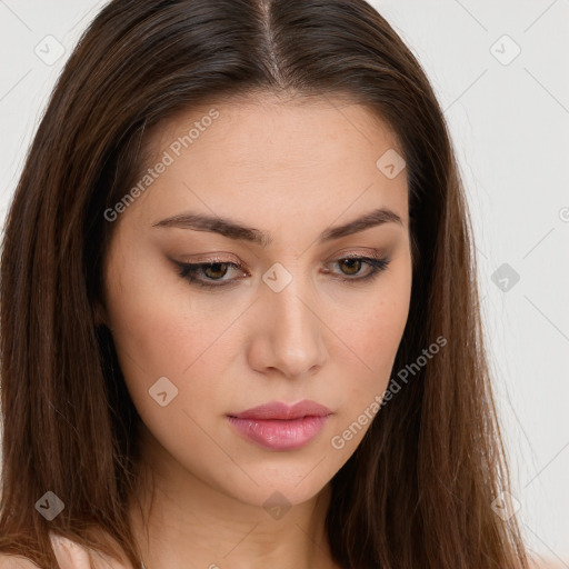 Neutral white young-adult female with long  brown hair and brown eyes