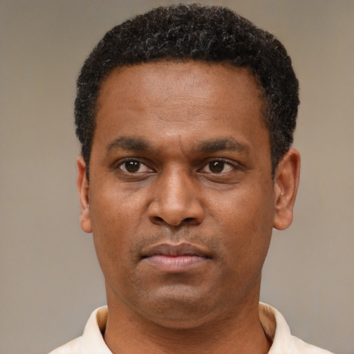 Neutral latino adult male with short  black hair and brown eyes