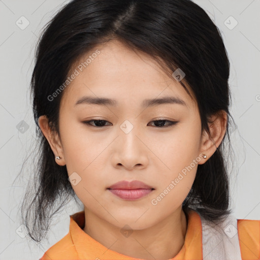 Neutral asian young-adult female with medium  brown hair and brown eyes