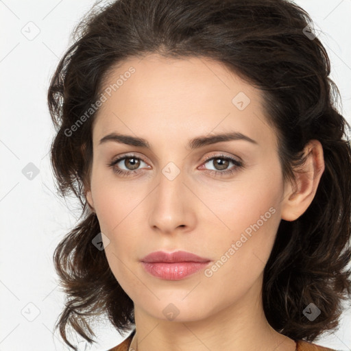 Neutral white young-adult female with medium  brown hair and brown eyes