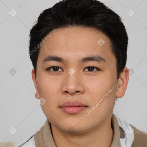 Neutral asian young-adult male with short  brown hair and brown eyes