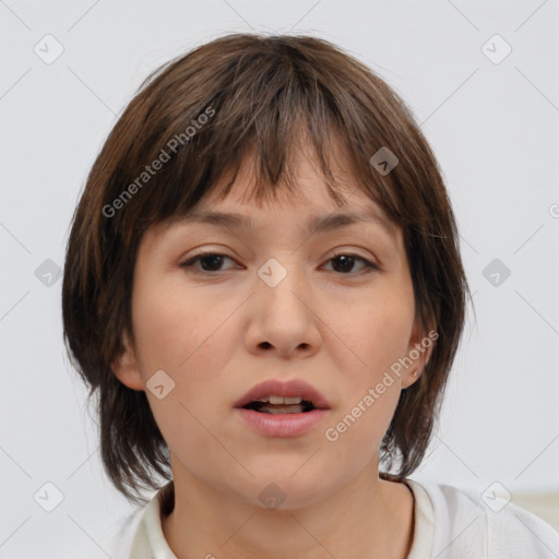 Neutral white young-adult female with medium  brown hair and brown eyes