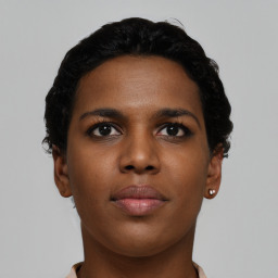 Neutral black young-adult female with short  brown hair and brown eyes