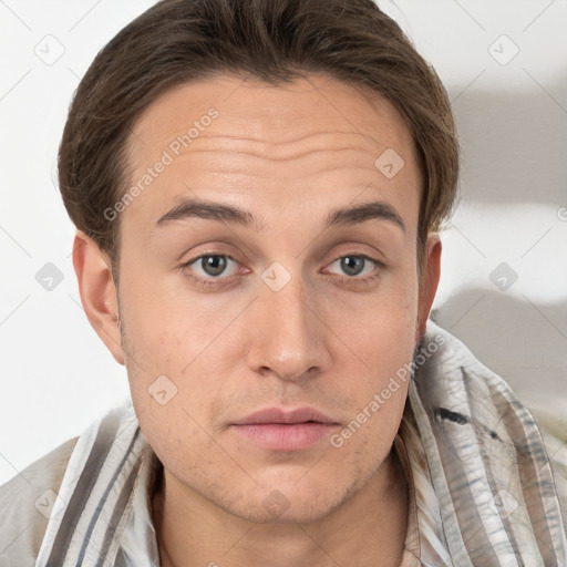 Neutral white young-adult male with short  brown hair and grey eyes