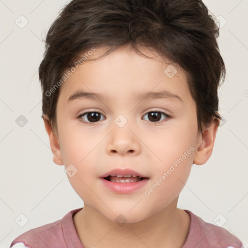 Joyful white child female with short  brown hair and brown eyes