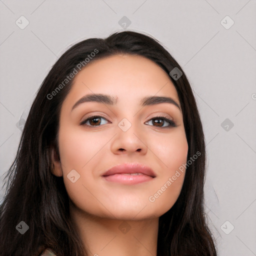 Neutral white young-adult female with long  black hair and brown eyes