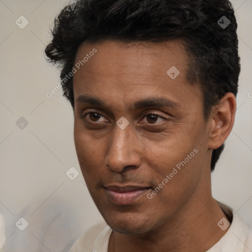 Neutral latino adult male with short  black hair and brown eyes