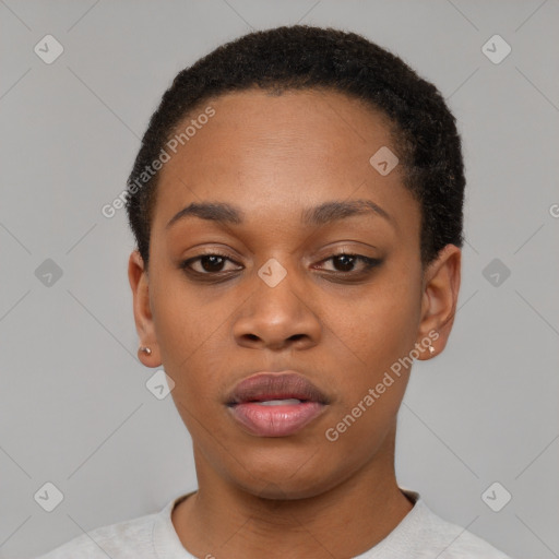 Neutral black young-adult female with short  black hair and brown eyes