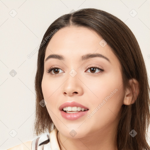 Neutral white young-adult female with long  brown hair and brown eyes