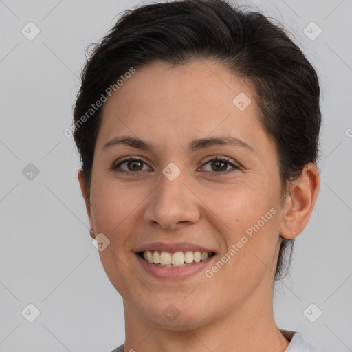 Joyful white young-adult female with short  brown hair and brown eyes