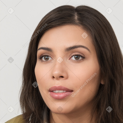 Neutral white young-adult female with long  brown hair and brown eyes