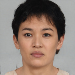 Neutral asian young-adult female with short  black hair and brown eyes