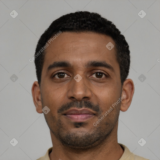 Neutral black young-adult male with short  black hair and brown eyes