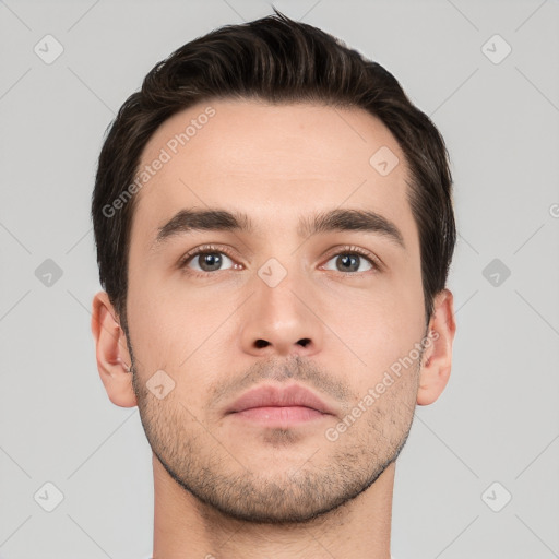 Neutral white young-adult male with short  brown hair and brown eyes