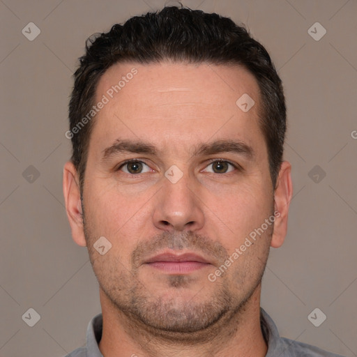 Neutral white adult male with short  brown hair and brown eyes