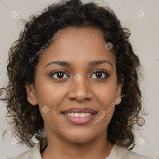 Joyful black young-adult female with medium  brown hair and brown eyes