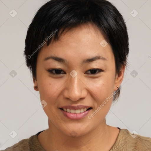 Joyful asian young-adult female with short  brown hair and brown eyes