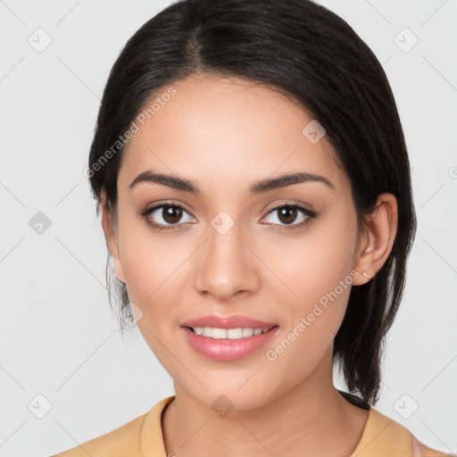 Joyful white young-adult female with medium  black hair and brown eyes