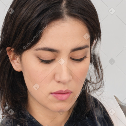 Neutral white young-adult female with medium  brown hair and brown eyes