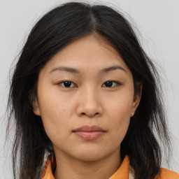 Neutral asian young-adult female with medium  brown hair and brown eyes